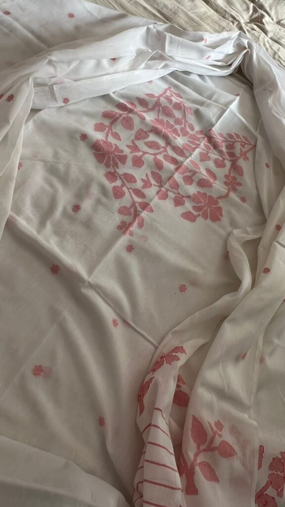 COTTON DRESS MATERIAL - WHITE AND RED