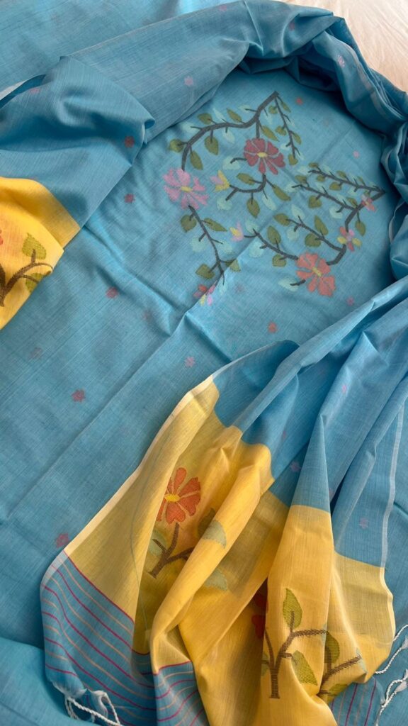 COTTON DRESS MATERIAL - SKY BLUE AND YELLOW